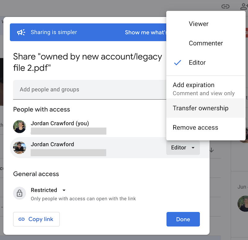 The Google Drive share window with the 'Transfer ownership' option shown