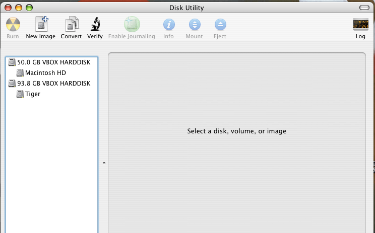 Disk Utility in the virtual machine, showing the real partition